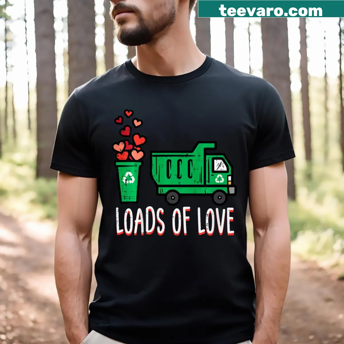 Illustration of a garbage truck loaded with hearts for Valentine's Day — on a men's t-shirt