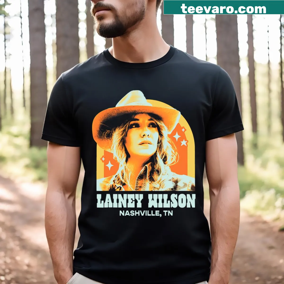 T-shirt featuring Lainey Wilson's name in bold letters — on a men's t-shirt