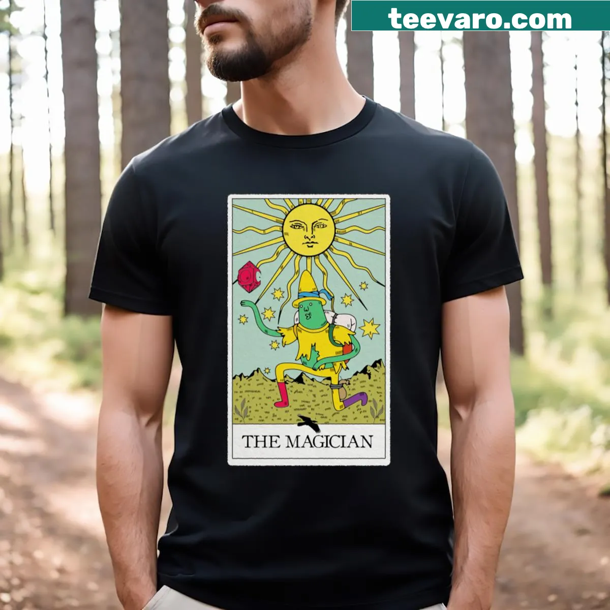 Whimsical magic man tarot card design on T-shirt — on a men's t-shirt