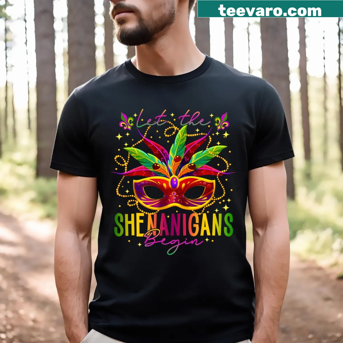 Mardi Gras T-shirt with festive masks and shenanigans text — on a men's t-shirt