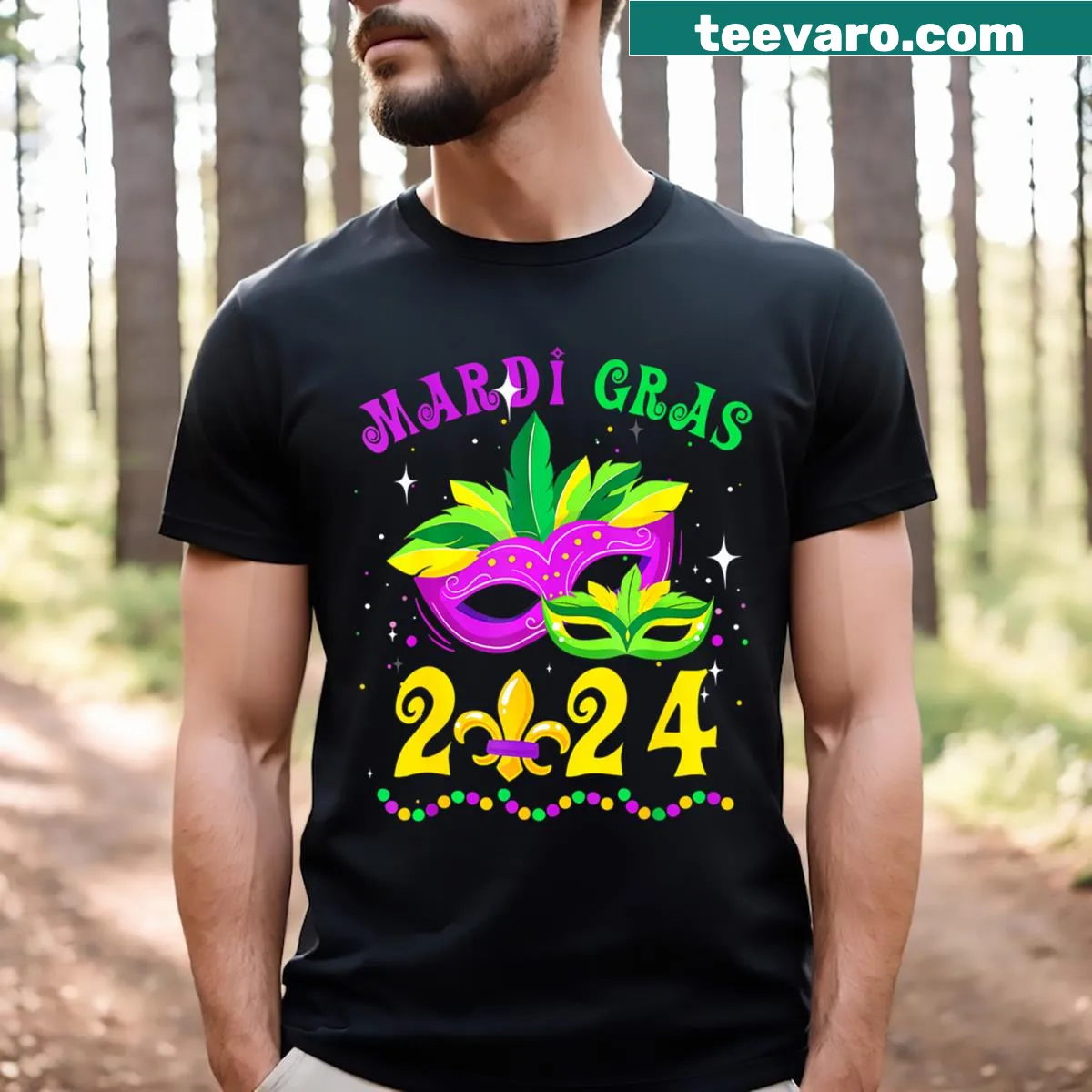 Mardi Gras carnival design with beads and joker hat on T-shirt — on a men's t-shirt