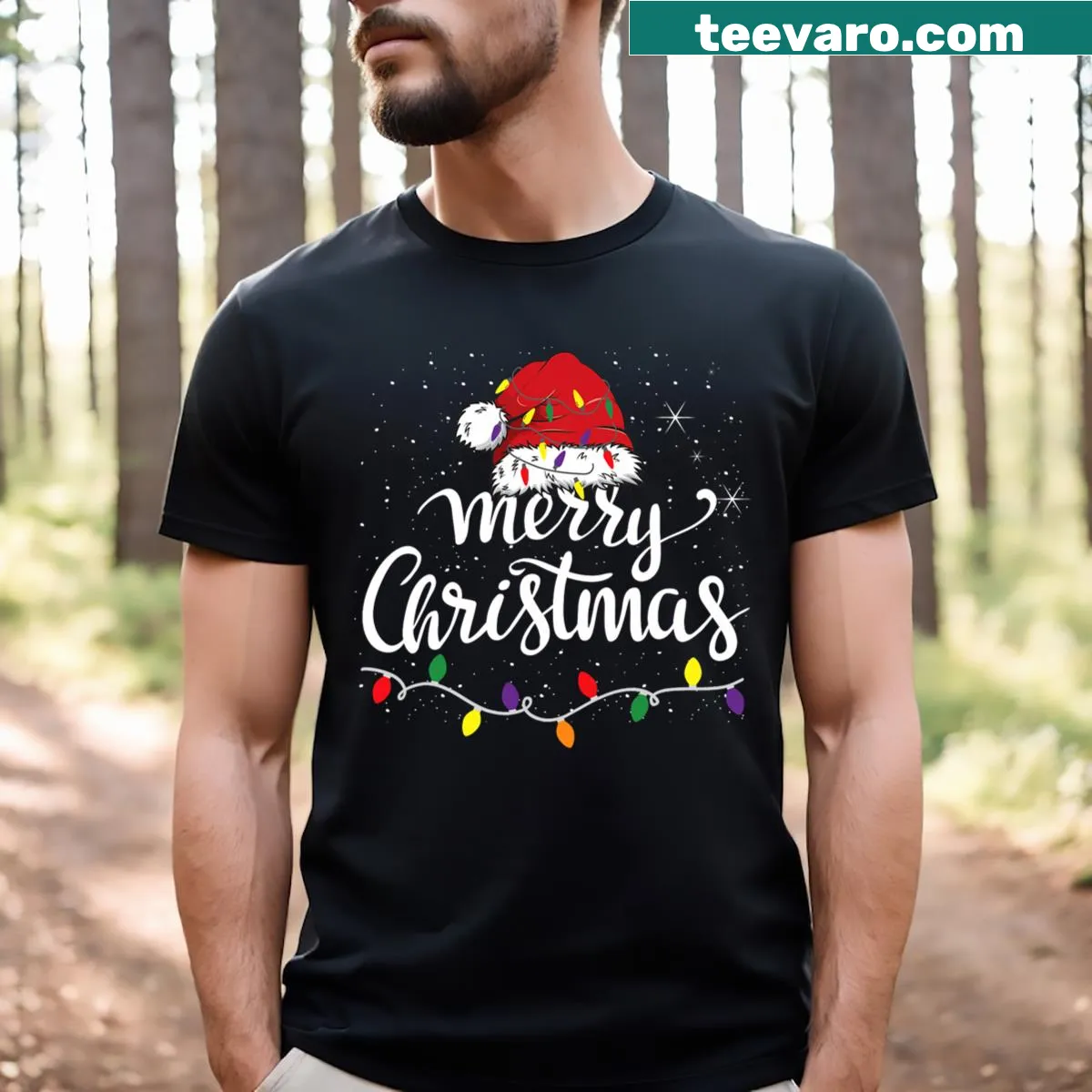 Christmas-themed T-shirt with Santa hat and lights illustration — on a men's t-shirt