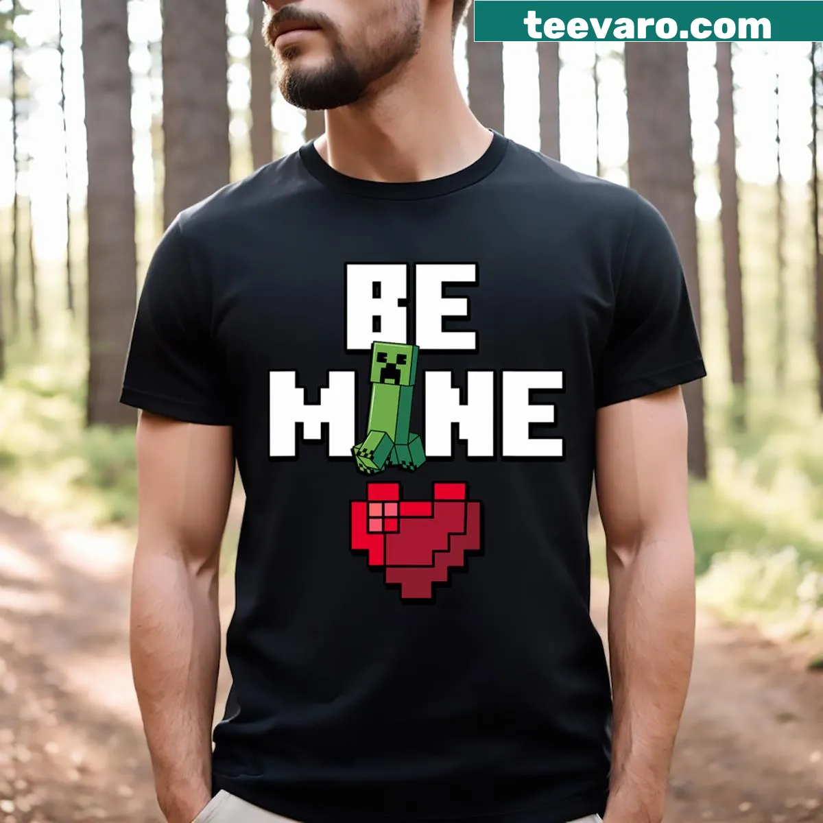 Minecraft-themed Valentine's Day shirt with Creeper and heart design — on a men's t-shirt