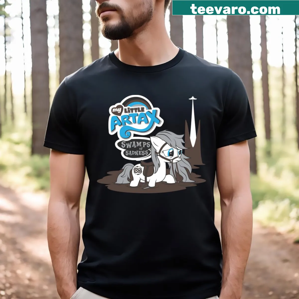Cartoon T-shirt featuring Artax from The NeverEnding Story — on a men's t-shirt