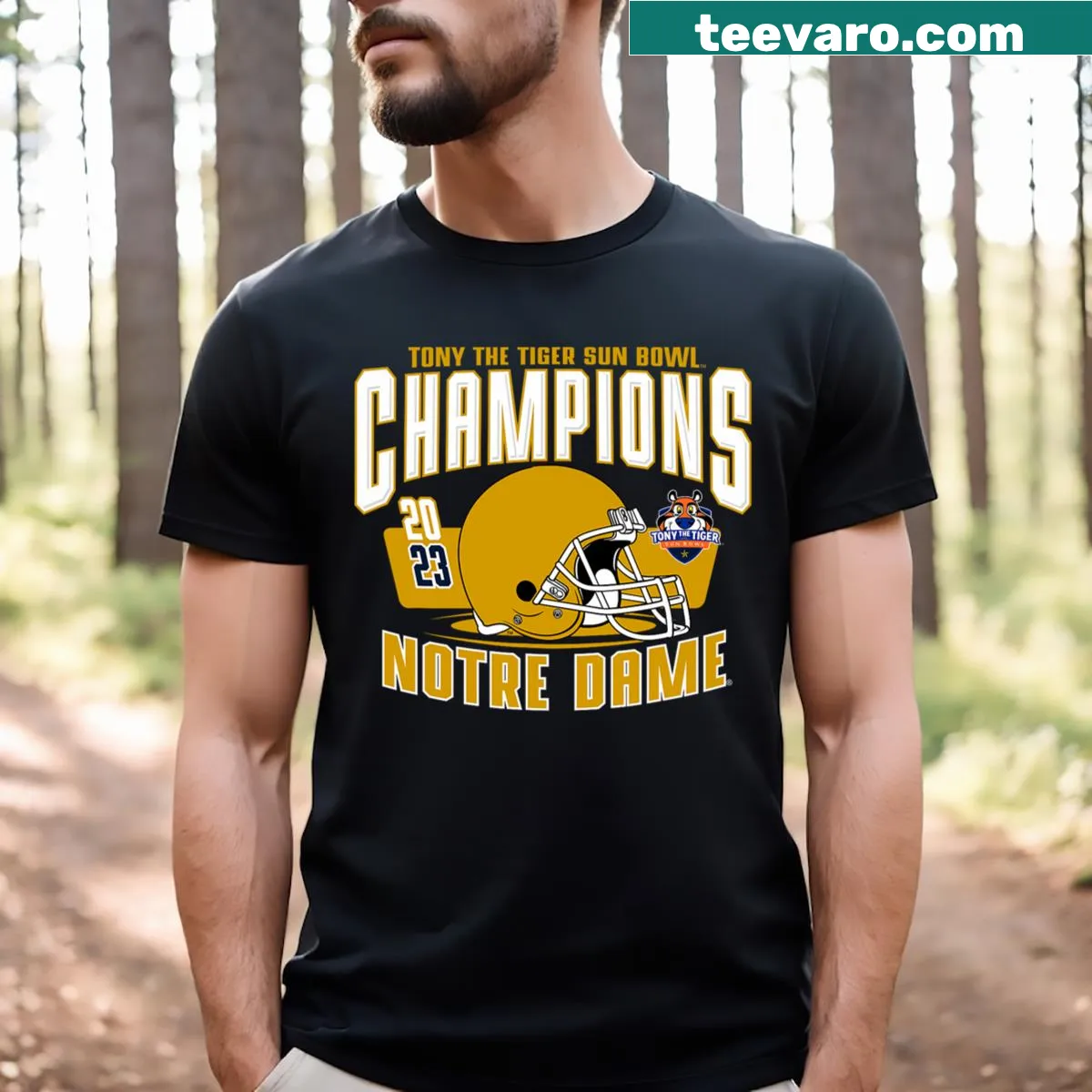 Notre Dame Fighting Irish football helmet graphic for Sun Bowl Champs — on a men's t-shirt