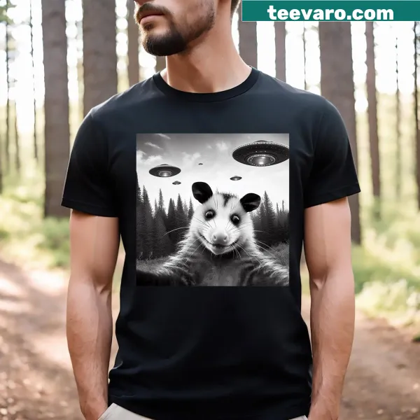 Funny T-shirt featuring an opossum taking a selfie with an alien UFO