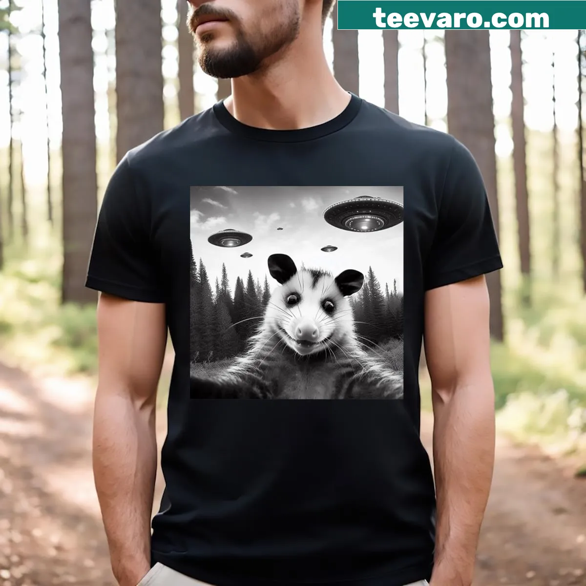Funny T-shirt featuring an opossum taking a selfie with an alien UFO — on a men's t-shirt