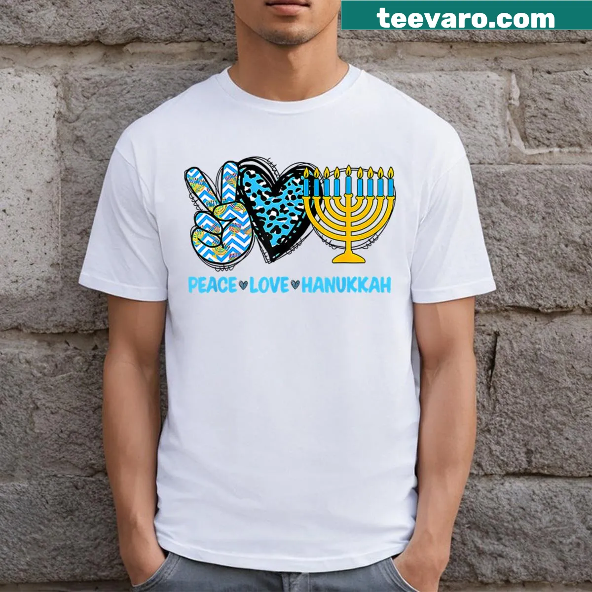 Retro 'Peace Love Hanukkah' design on T-shirt — on a men's t-shirt