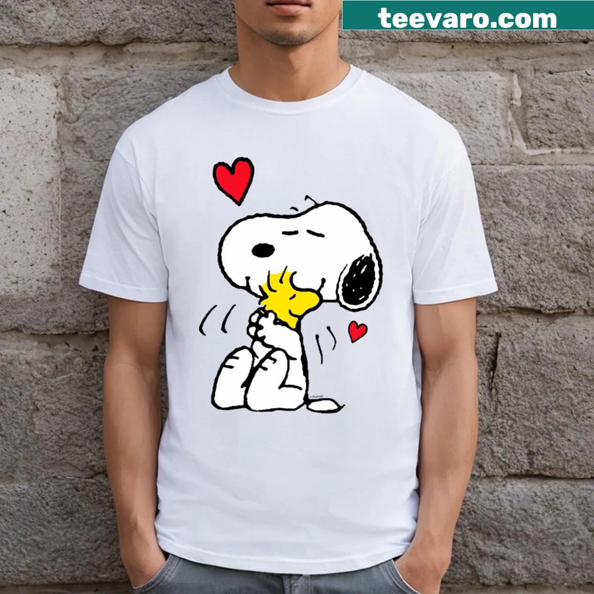 Cute short sleeve t-shirt featuring Snoopy and Woodstock with hearts for kids. — on a men's t-shirt