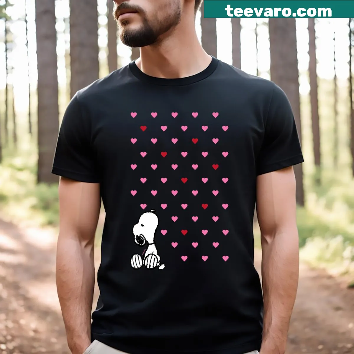 Snoopy surrounded by hearts on a Valentine-themed t-shirt — on a men's t-shirt