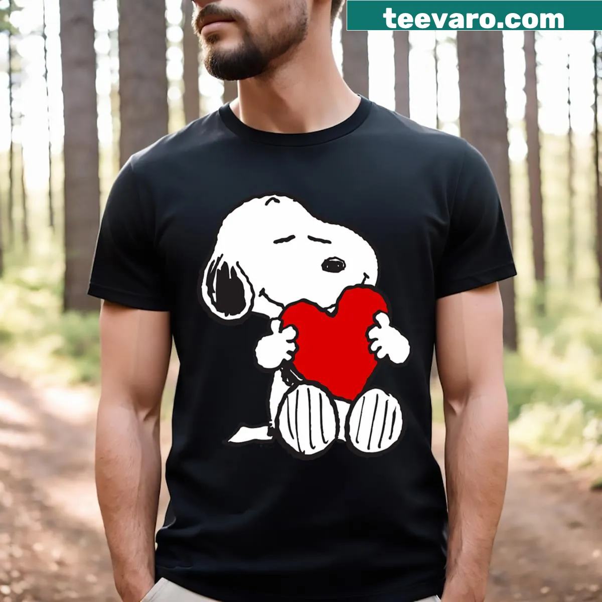 Snoopy hugging a heart illustration on a kids' Valentine t-shirt. — on a men's t-shirt
