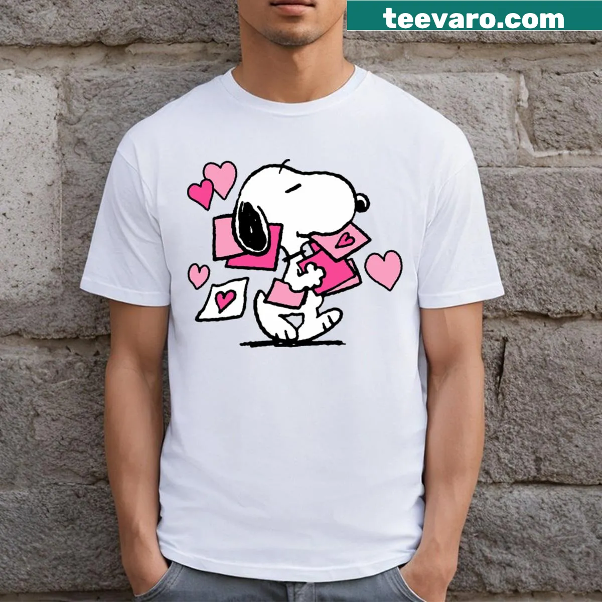 Snoopy holding a Valentine letter graphic on a men's t-shirt. — on a men's t-shirt