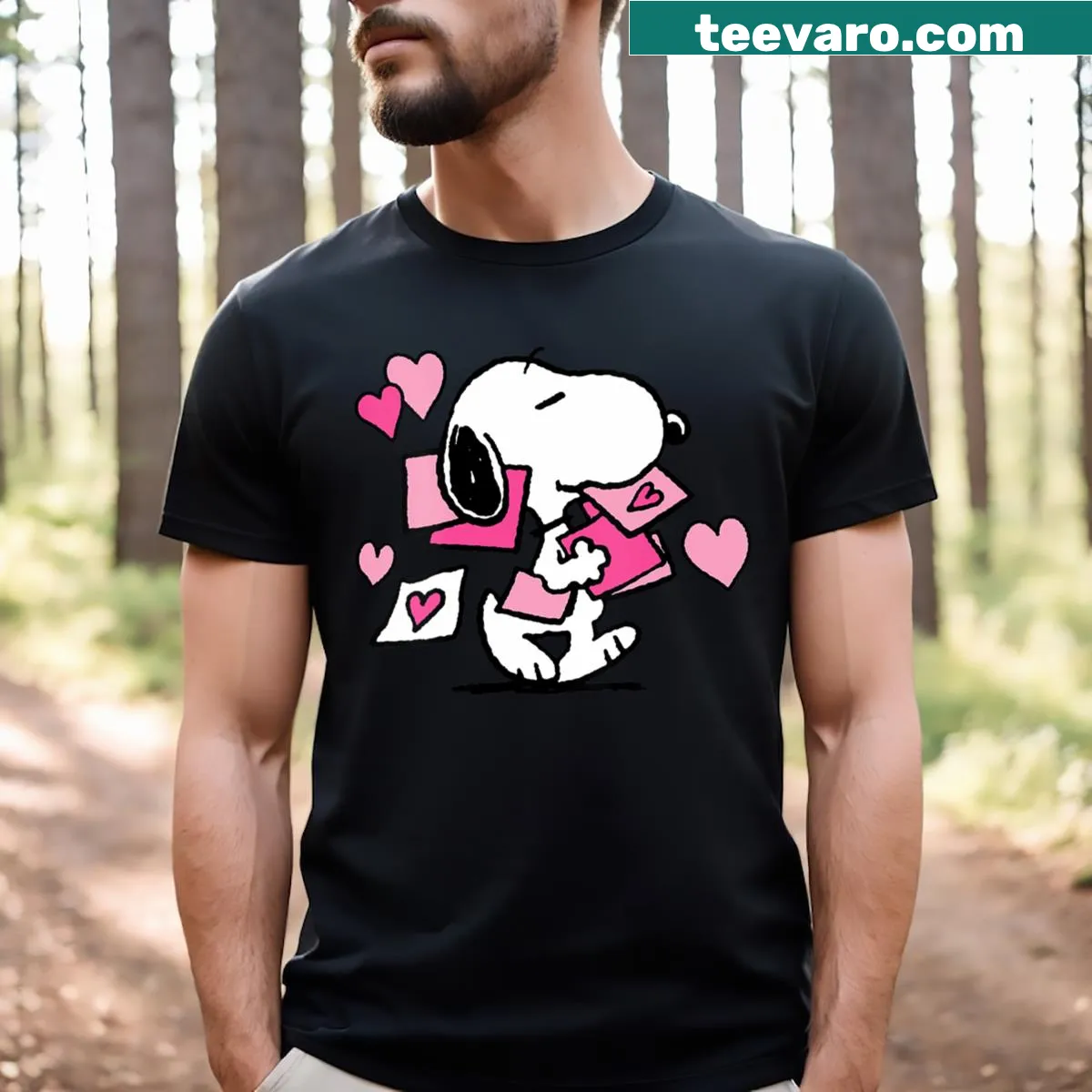 V-neck t-shirt featuring Snoopy with a Valentine's letter graphic. — on a men's t-shirt