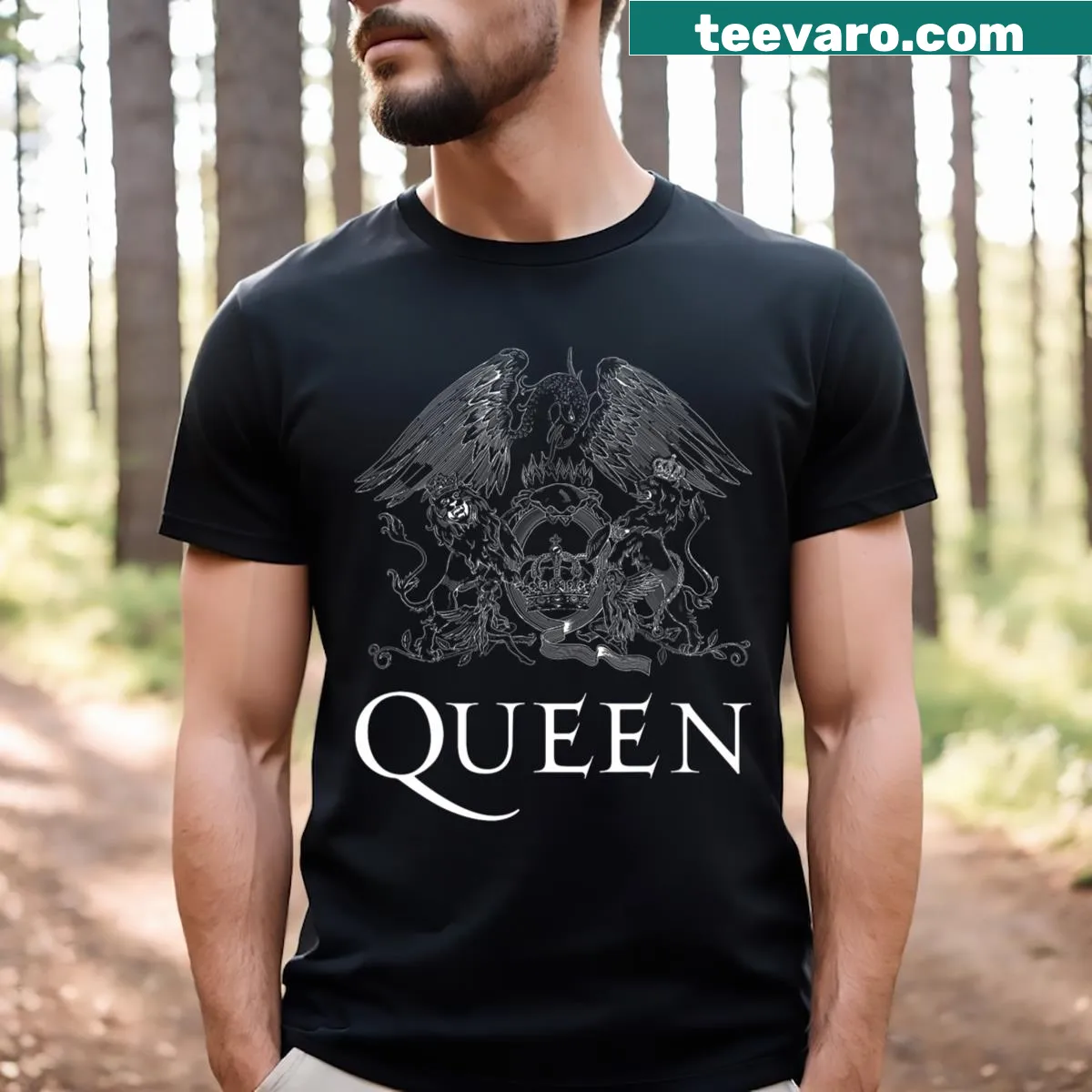 Official Queen crest logo graphic on a T-shirt — on a men's t-shirt