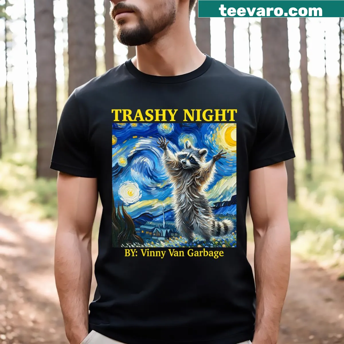 T-shirt featuring a raccoon design inspired by Van Gogh's Starry Night. — on a men's t-shirt