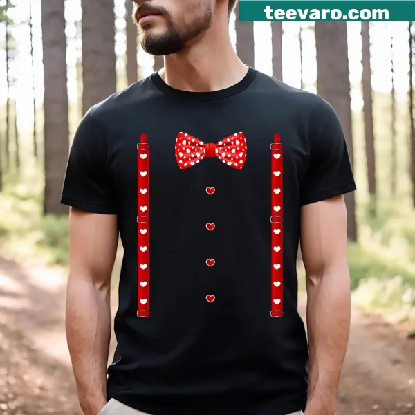 Valentines Day T-shirt with red hearts, bow tie, and suspenders graphic