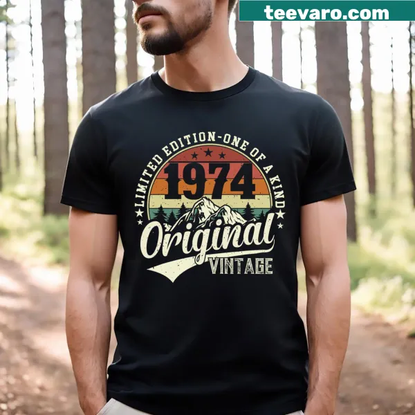 Vintage 50th birthday t-shirt with playful 1974-themed graphics