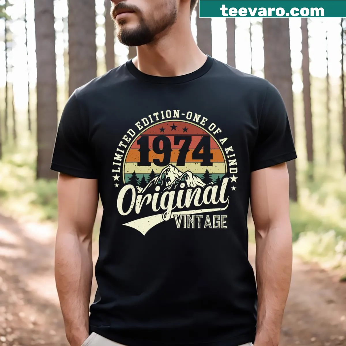 Vintage 50th birthday t-shirt with playful 1974-themed graphics — on a men's t-shirt