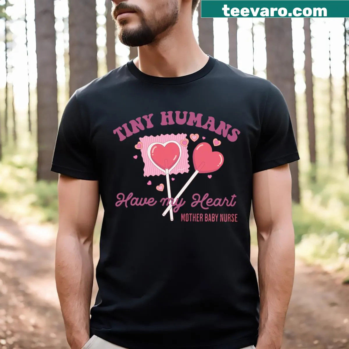 Mother's Valentine's Day T-shirt with 'Tiny Humans Have My Heart' phrase — on a men's t-shirt