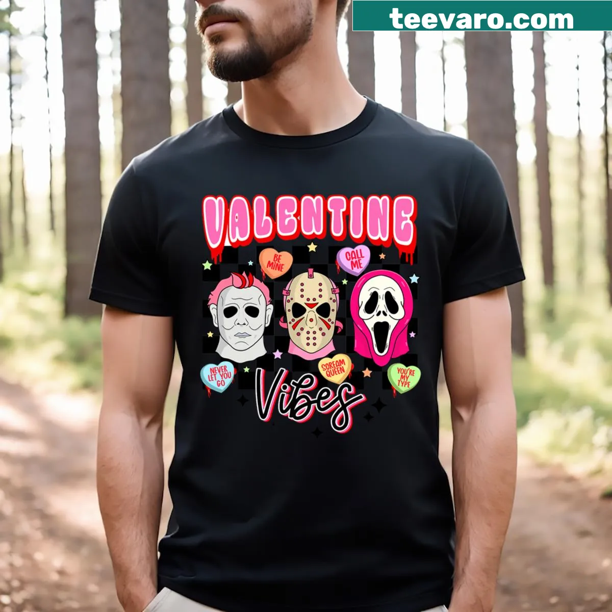 Retro horror characters Valentine-themed t-shirt — on a men's t-shirt