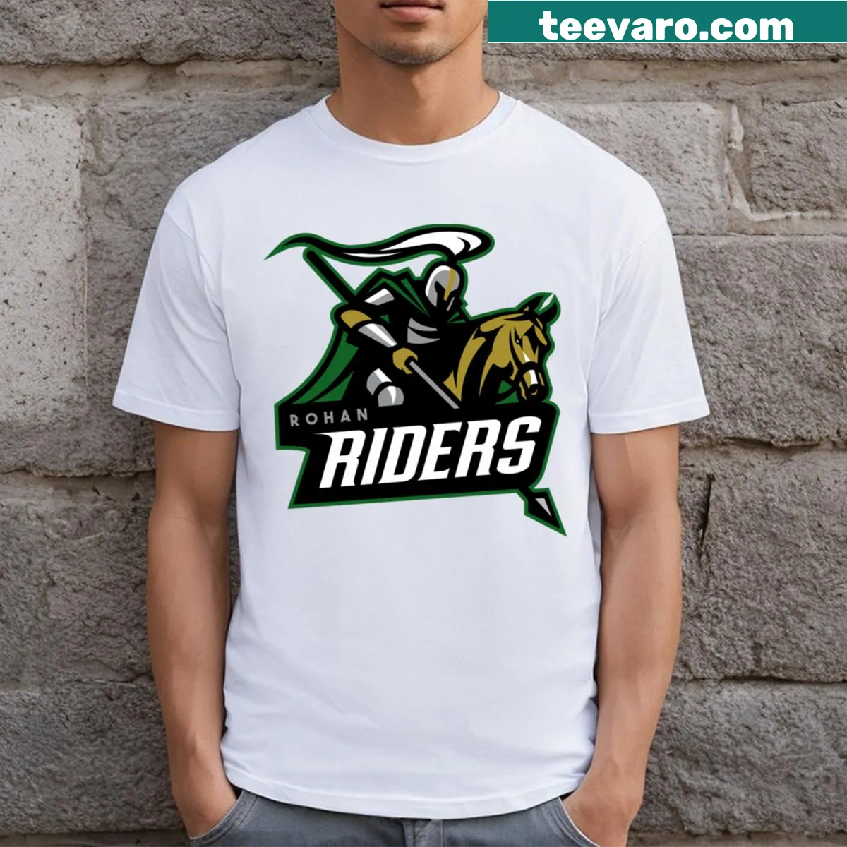 Fantasy t-shirt featuring Rohan riders graphic — on a men's t-shirt