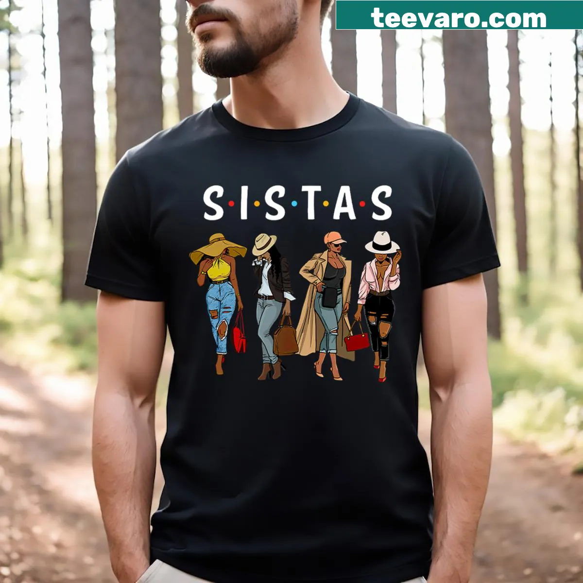 Illustrative T-shirt celebrating sisterhood with afros — on a men's t-shirt