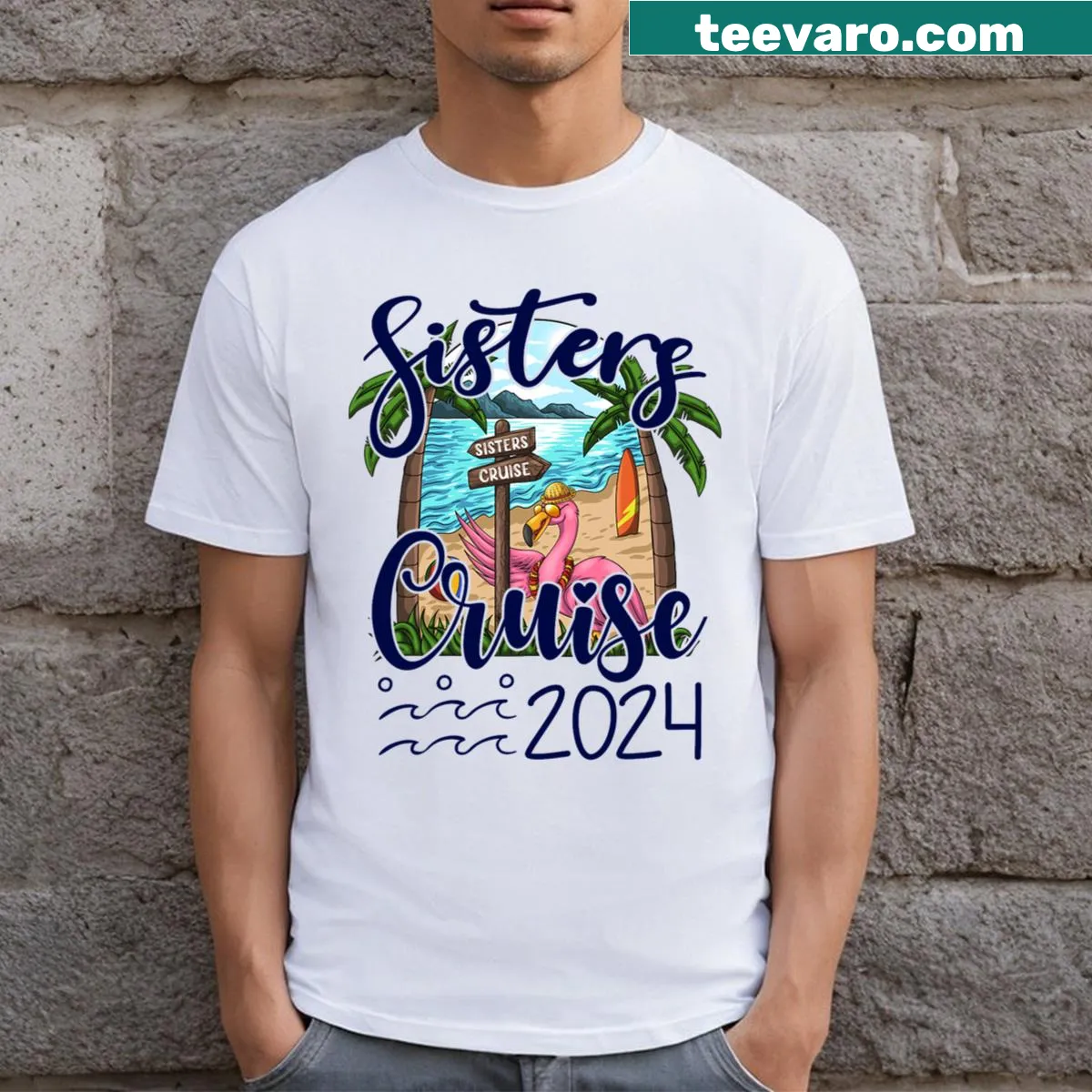 Fun T-shirt with matching flamingo design for sisters’ cruise squad — on a men's t-shirt