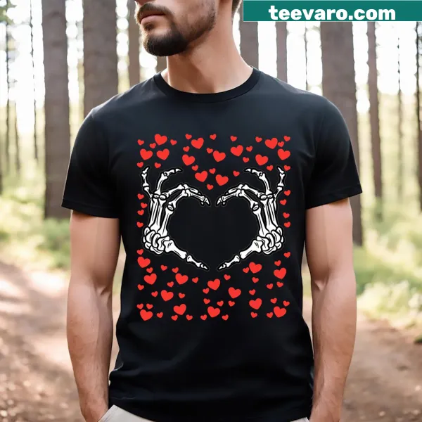 Skeleton hand forming a heart illustration on T-shirt
