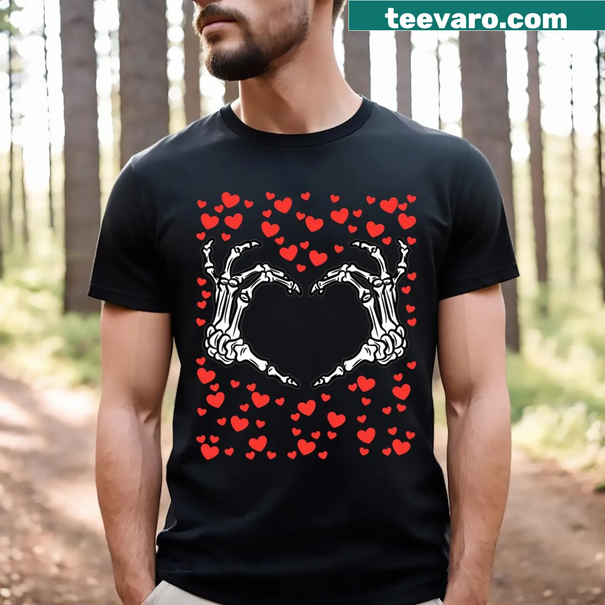 Skeleton hand forming a heart illustration on T-shirt — on a men's t-shirt