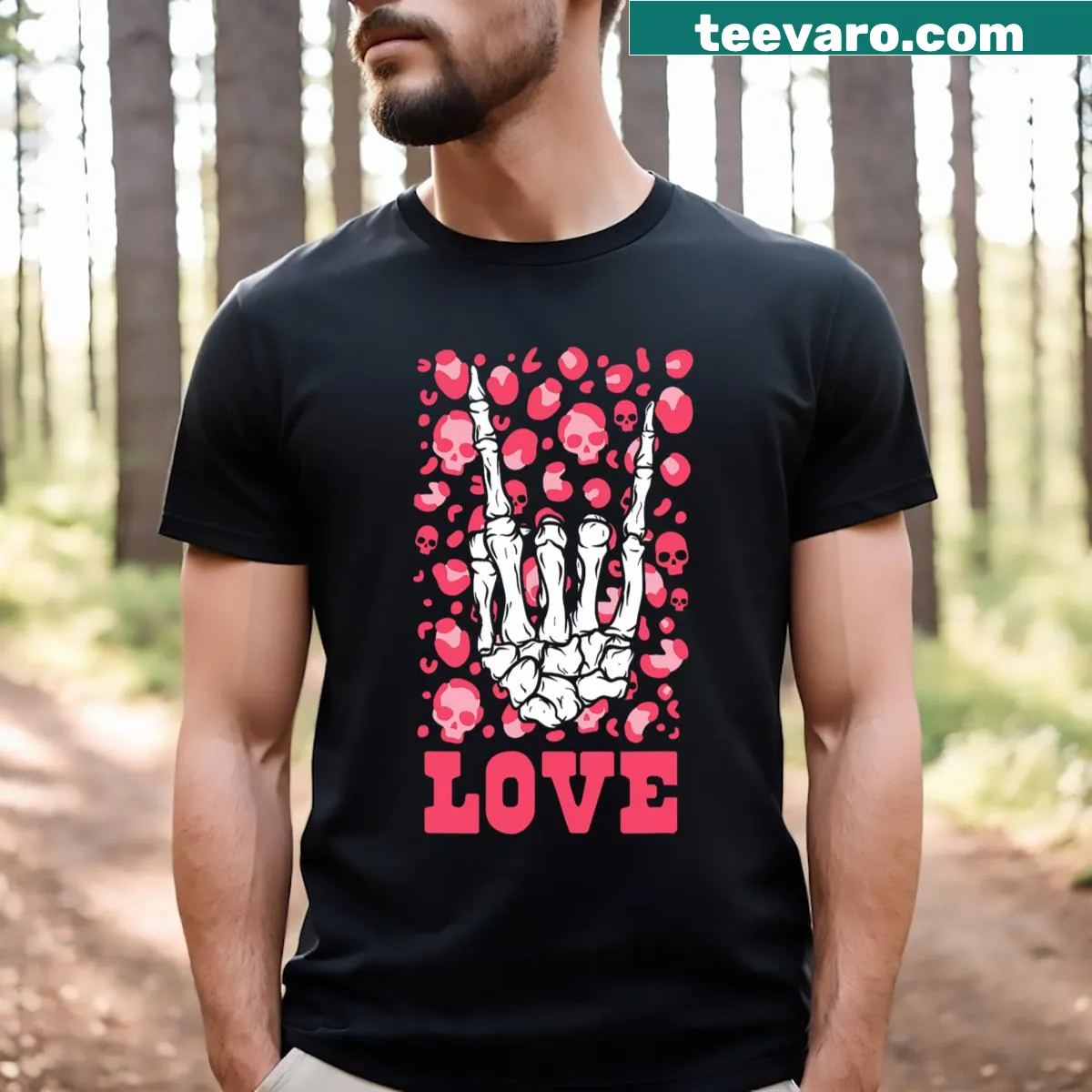 Skeleton rock hand and skull design for Valentines T-shirt — on a men's t-shirt