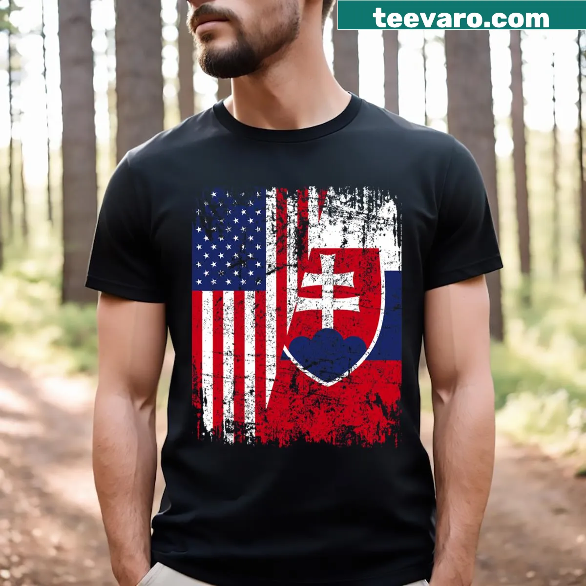 T-shirt featuring Slovak and American flag design — on a men's t-shirt
