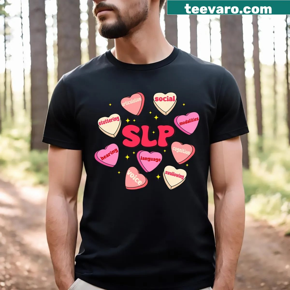 Valentines-themed T-shirt for Speech Language Pathologists with hearts — on a men's t-shirt