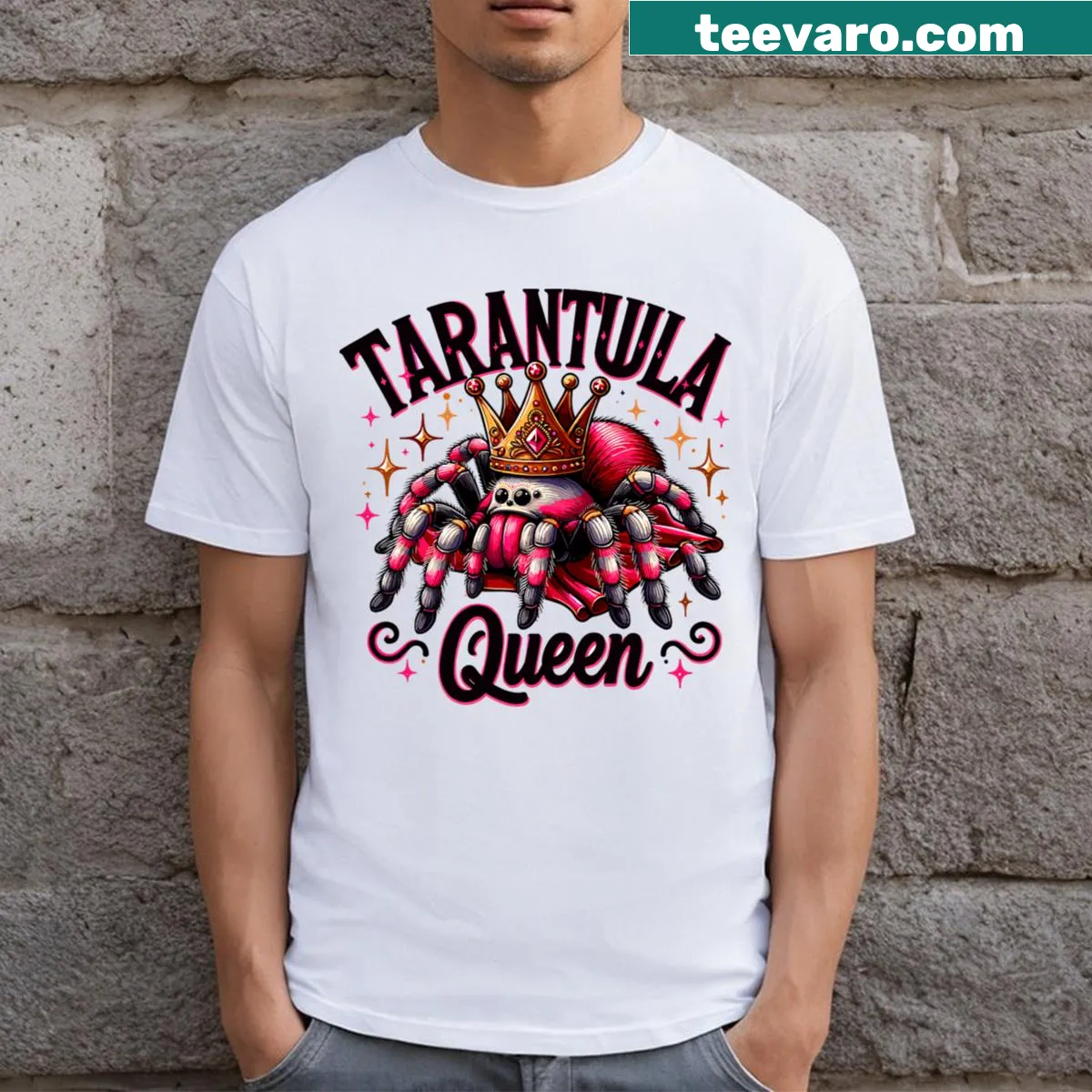 Tarantula-themed t-shirt with playful 'Tarantula Queen' design — on a men's t-shirt