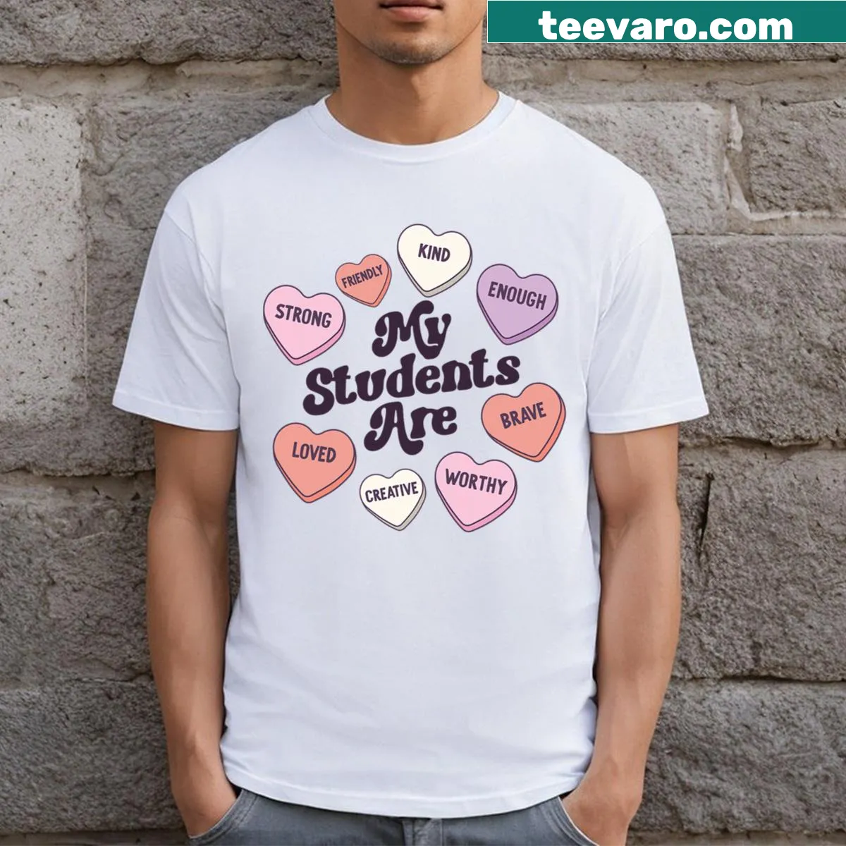 Teacher Valentine’s T-shirt with candy heart graphics and affirmations — on a men's t-shirt