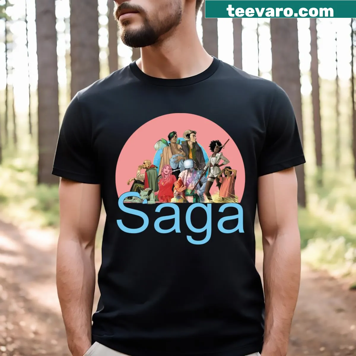 T-shirt featuring the phrase 'The Entire Saga' with an illustrative design — on a men's t-shirt