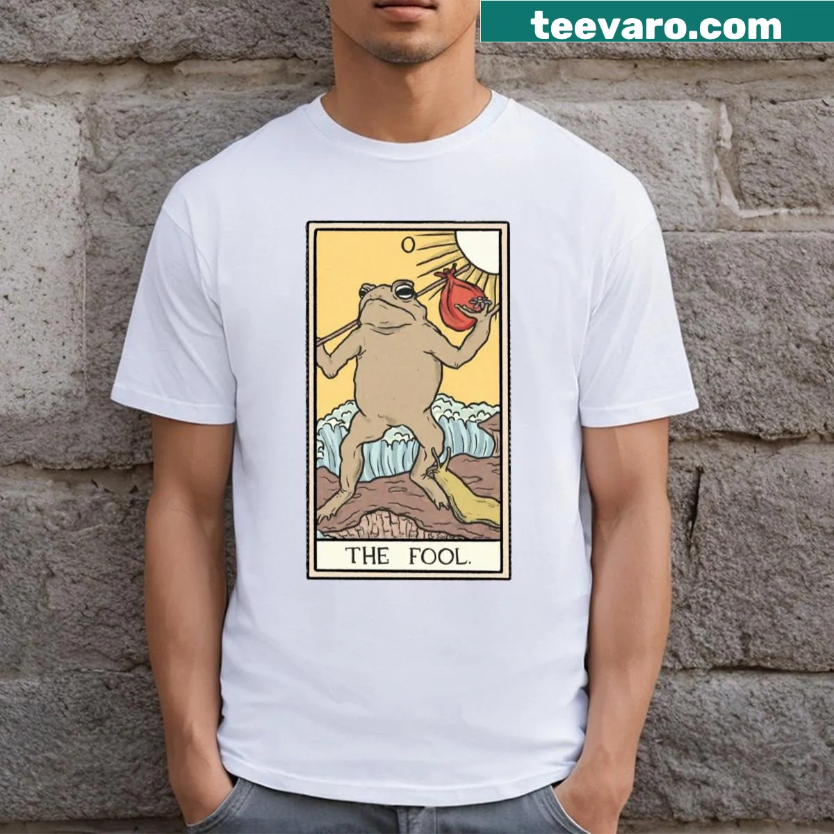 Whimsical toad illustration inspired by The Fool tarot card — on a men's t-shirt