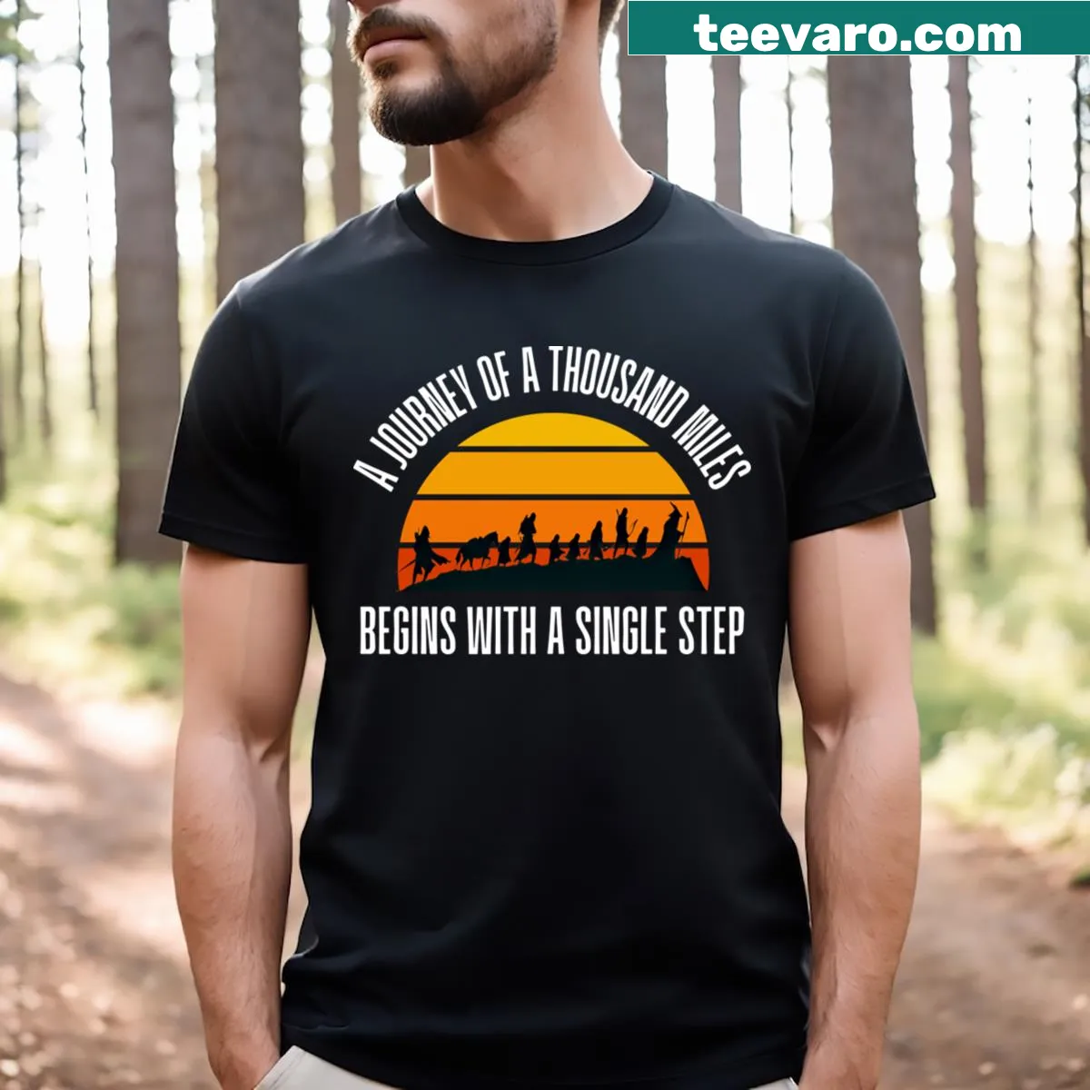Inspirational t-shirt featuring a quote about journeys and steps — on a men's t-shirt