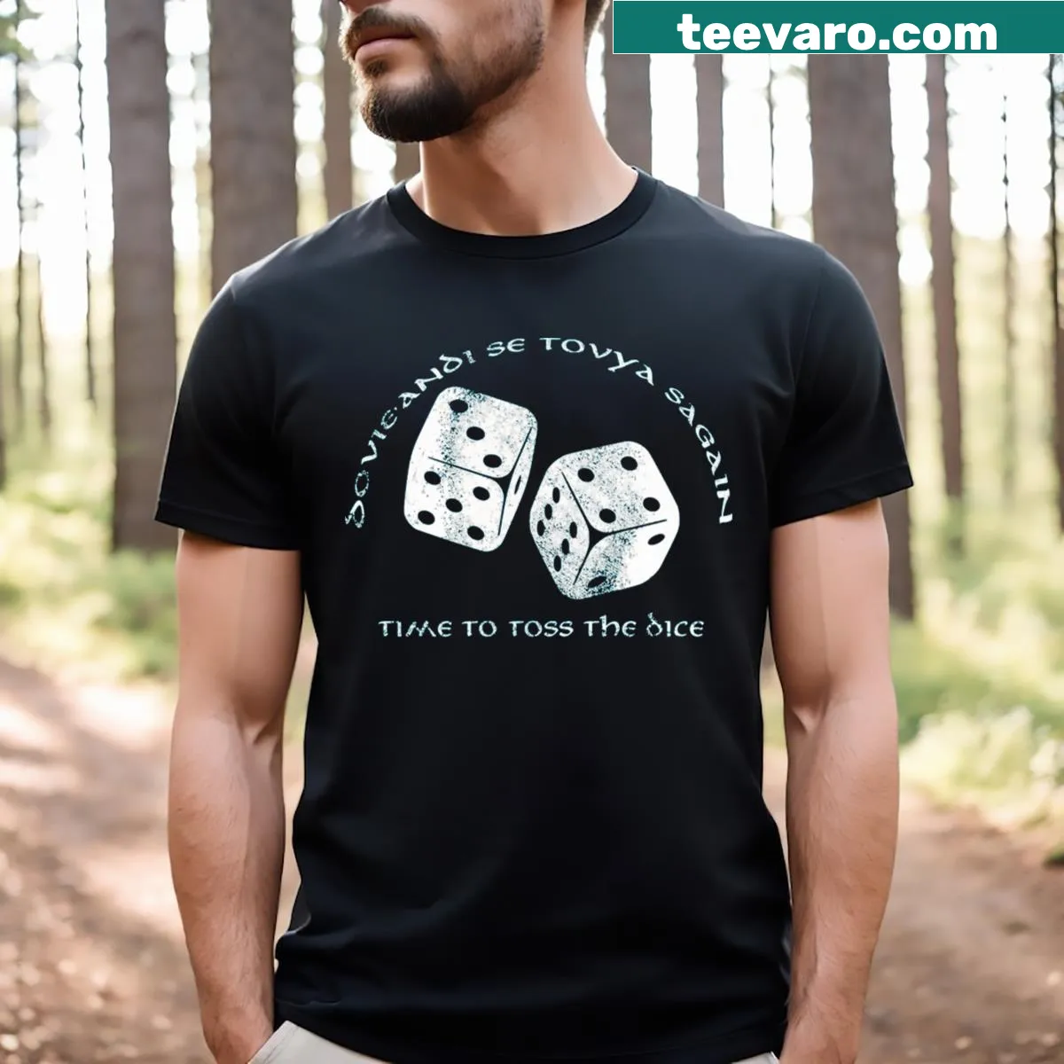 Edgy gaming t-shirt with 'Time To Toss The Dice' text — on a men's t-shirt