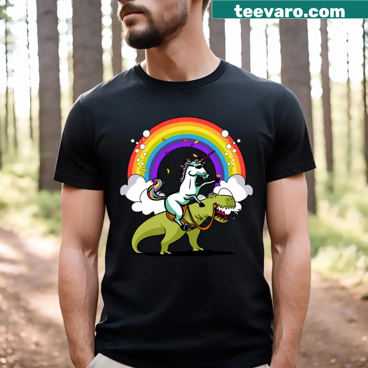 Cartoon T-shirt featuring a unicorn riding a T-rex dinosaur — on a men's t-shirt
