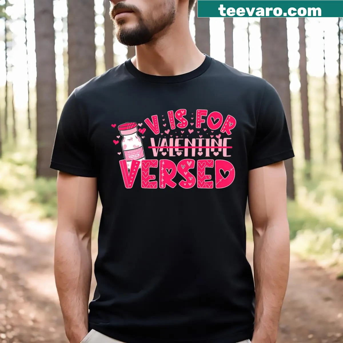Funny nurse t-shirt with 'V Is For Versed' graphic for Valentine's Day — on a men's t-shirt