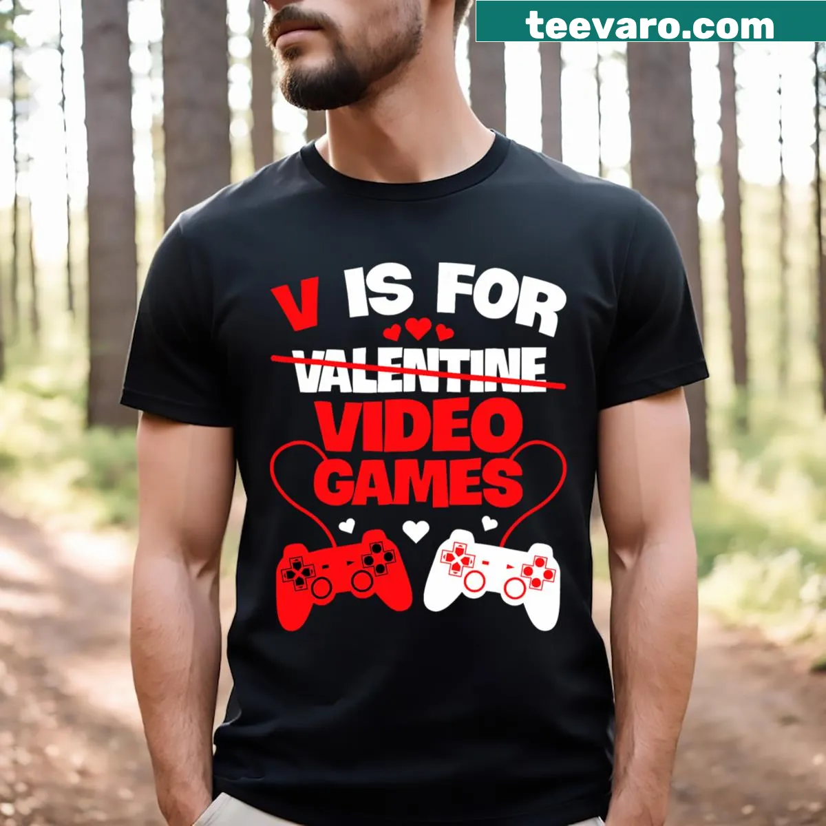 Funny Valentine's Day gamer t-shirt with 'V Is For Video Games' design — on a men's t-shirt