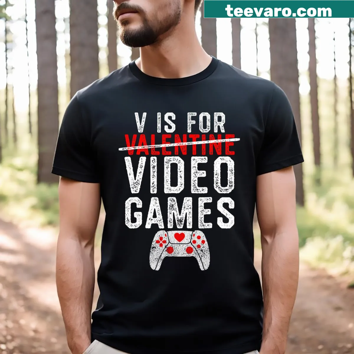Video games Valentine's Day t-shirt displaying 'V Is For Video Games' — on a men's t-shirt
