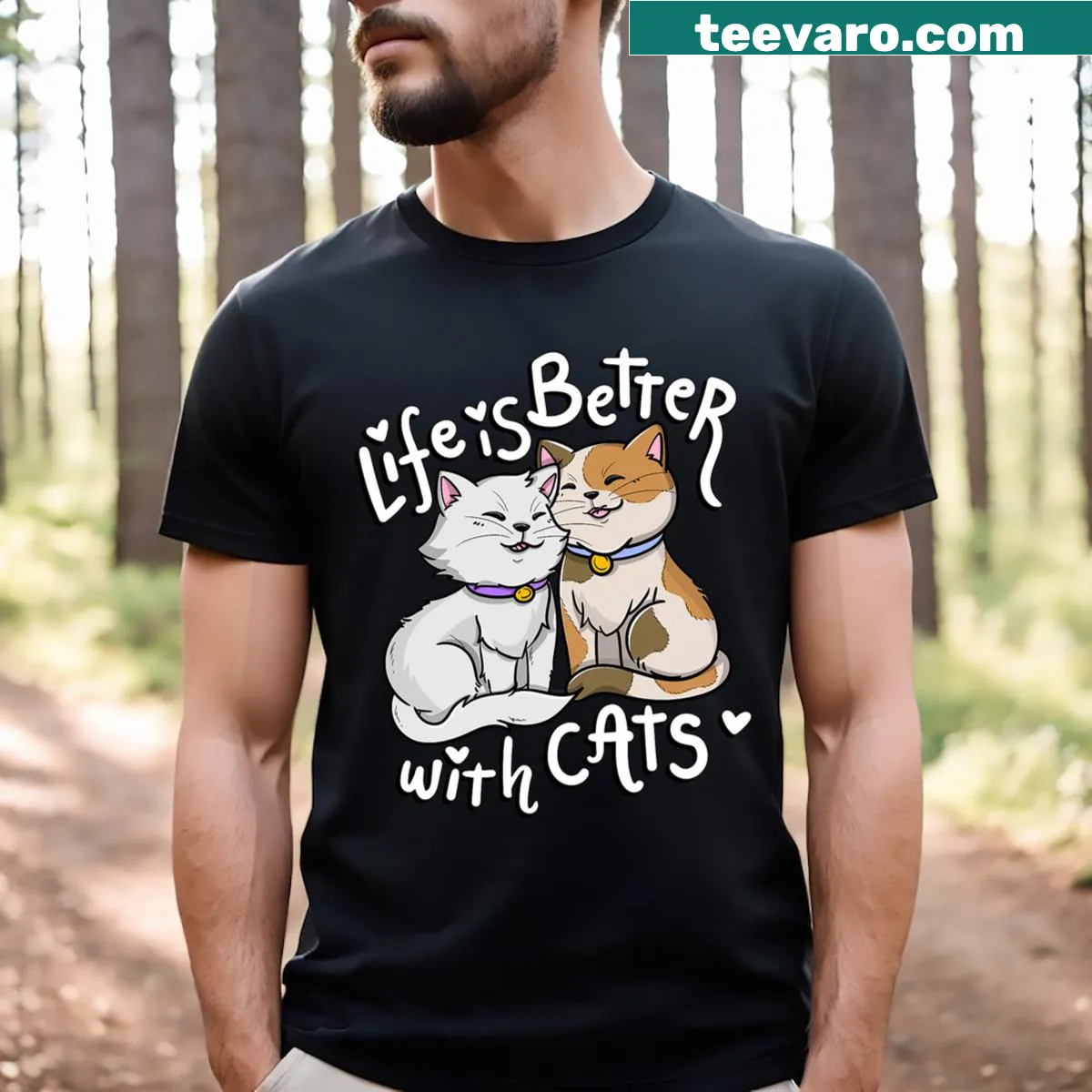 Heartwarming t-shirt for cat lovers with 'Life Is Better With Cats' text — on a men's t-shirt