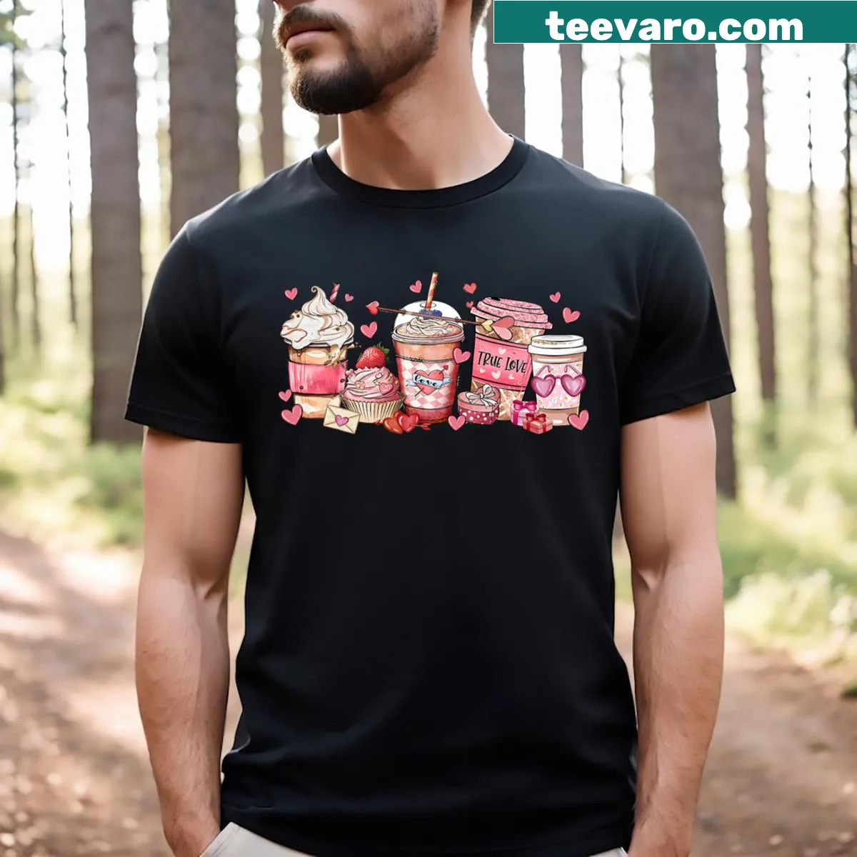 Cute Valentine's Day T-shirt with pink coffee cups and hearts — on a men's t-shirt
