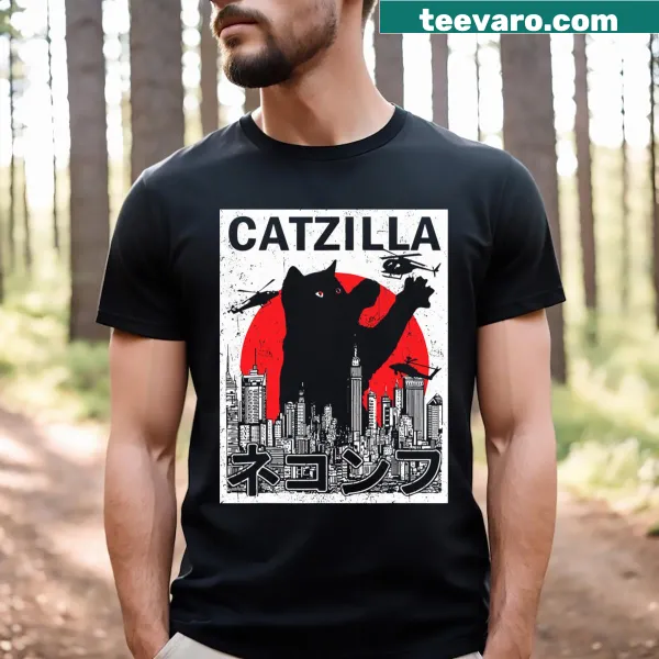 Vintage-style Catzilla t-shirt with a cat against a sunset