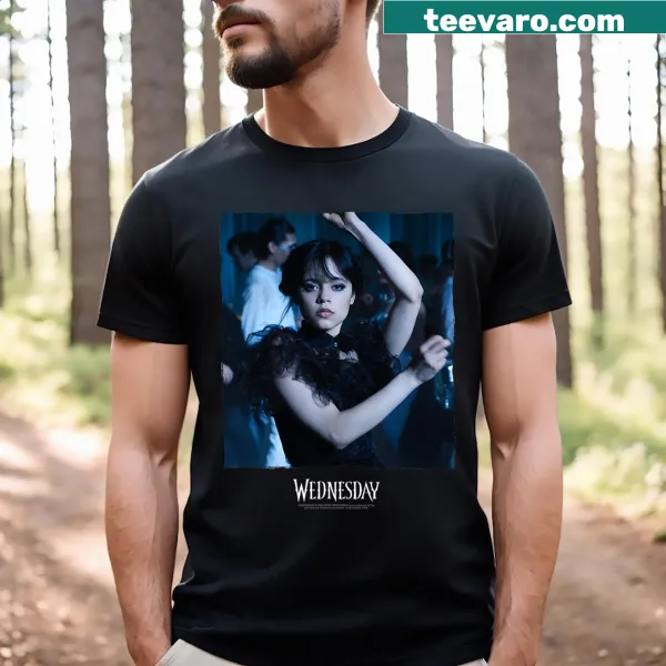 Photorealistic Wednesday Addams T-shirt with 'Dancing Queen' text.