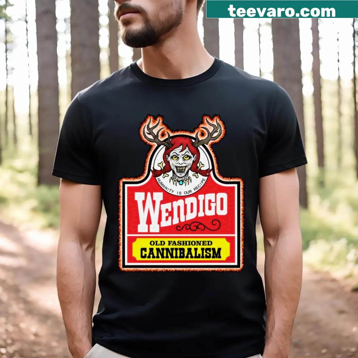 Cartoon T-shirt featuring Wendy the Wendigo in a playful design. — on a men's t-shirt