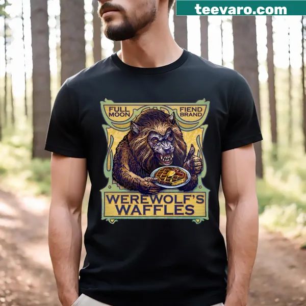 Cartoon T-shirt with a werewolf enjoying waffles in a fun design.