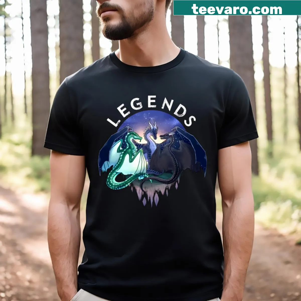 Illustrative T-shirt featuring Fathom, Darkstalker, and Clearsight from Wings of Fire. — on a men's t-shirt