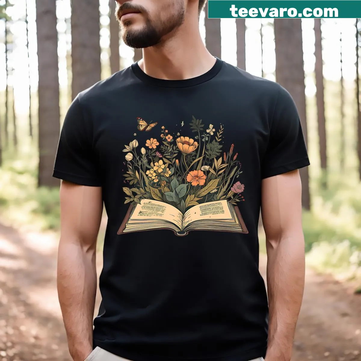 Illustrated T-shirt for women featuring wildflowers and books in a cottagecore style. — on a men's t-shirt